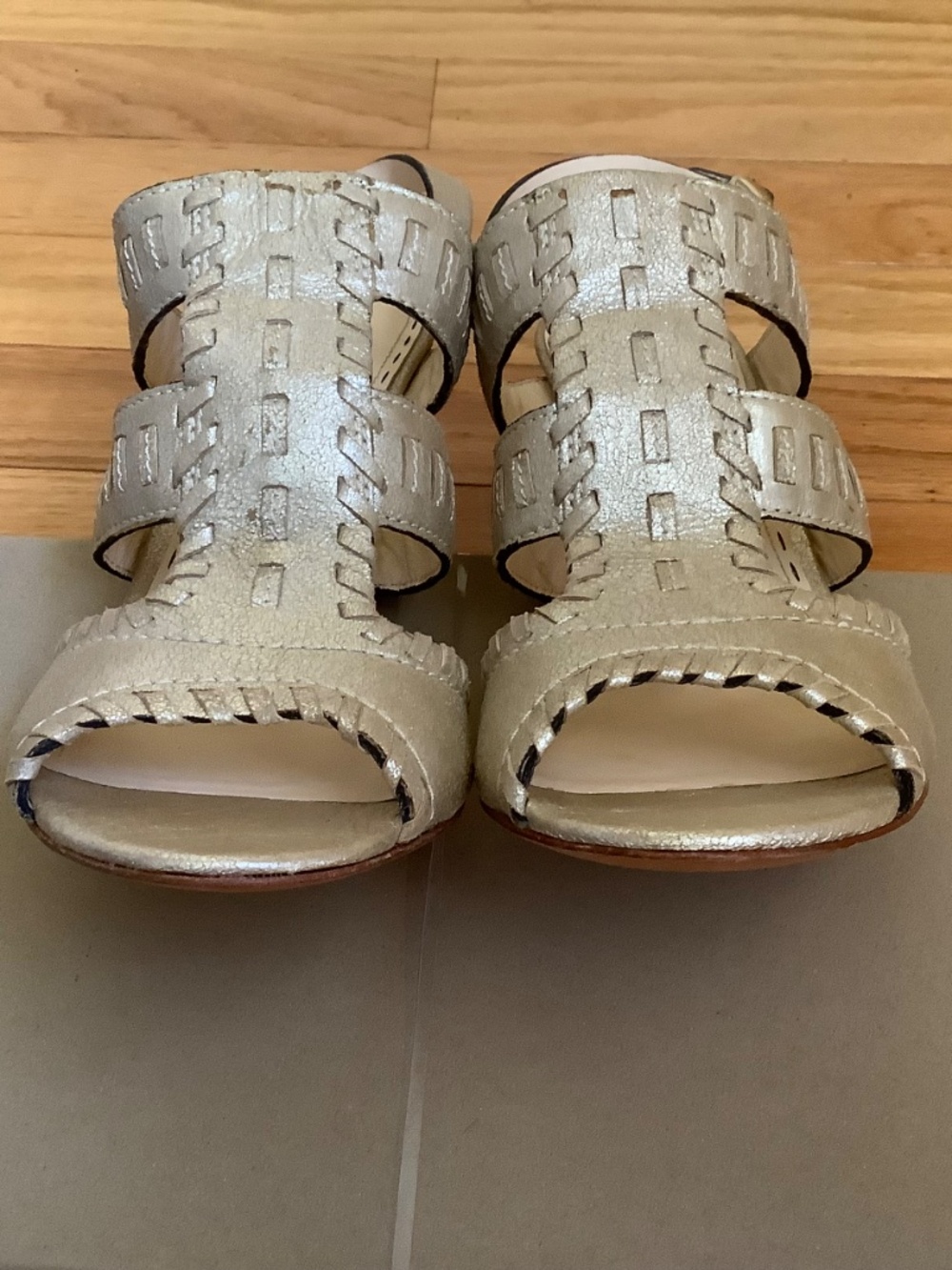 Coach Kareena Brushed Gold Whipstitch Metallic Leather High Heel Sandals SZ 9.5 - Picture 5 of 13
